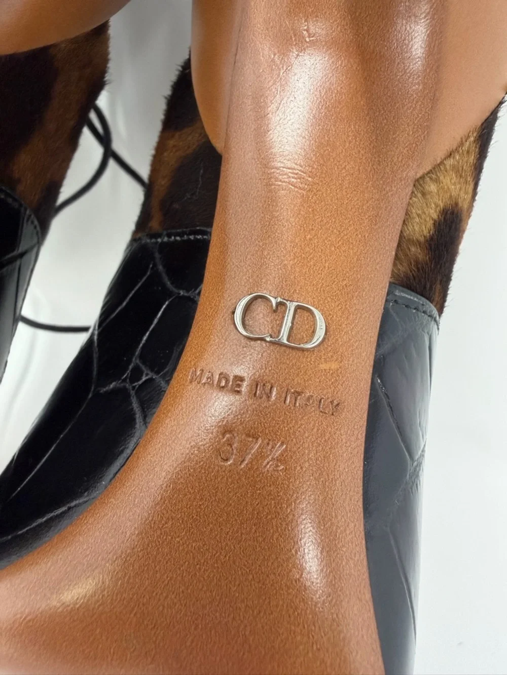 Christian Dior Leopard Calf Hair Lace Up Heels Pointed Toe Womens Size EU 37.5